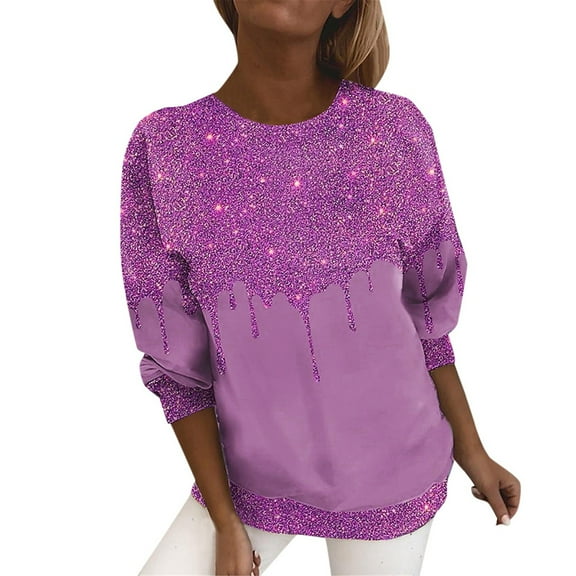 Sequin Tops for Women Sparkly Print Long Sleeve Glitter Crewneck Pullover Loose Sweatshirt Hot Pink L