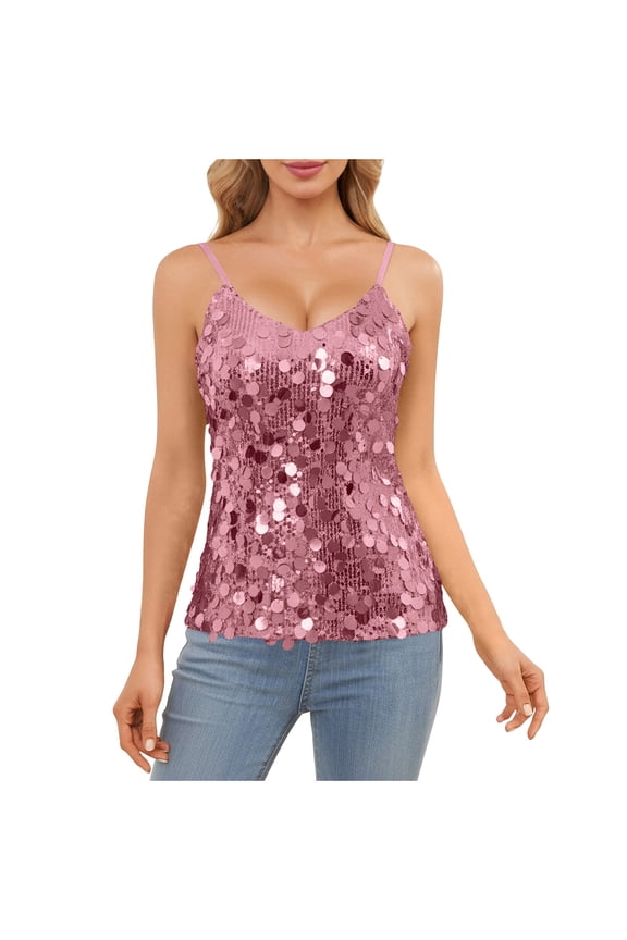 Sequin Tops for Women Sparkly Shiny Cami Tank Top Sexy V Neck Strappy Camisole Glitter Sleeveless Shirts Party Night Outfits