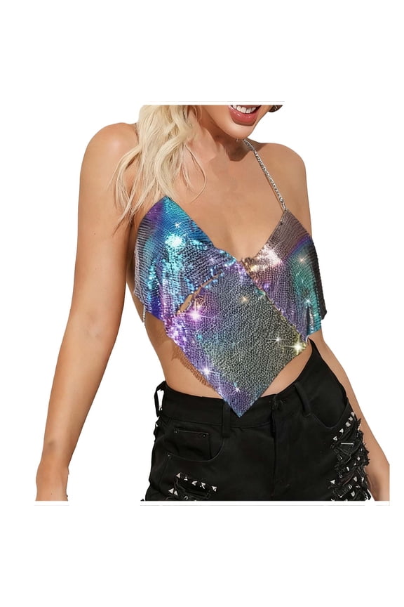 Sequin Tops for Women Sparkly Strappy Cropped Tank Tops Sexy V Neck Top Concert Outfits Party Disco Club Night One Size