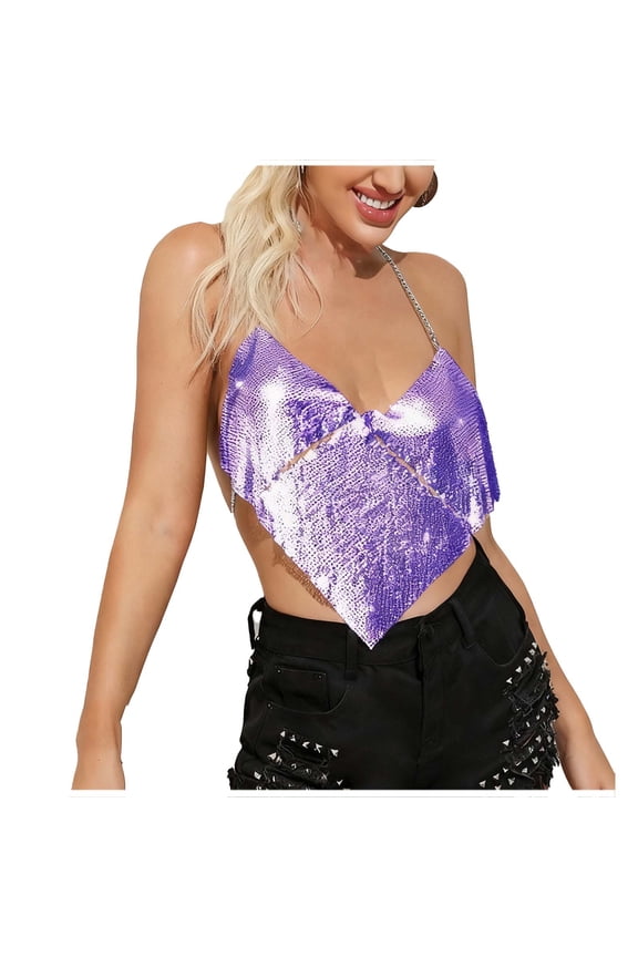 Sequin Tops for Women Sparkly Strappy Cropped Tank Tops Sexy V Neck Top Concert Outfits Party Disco Club Night One Size