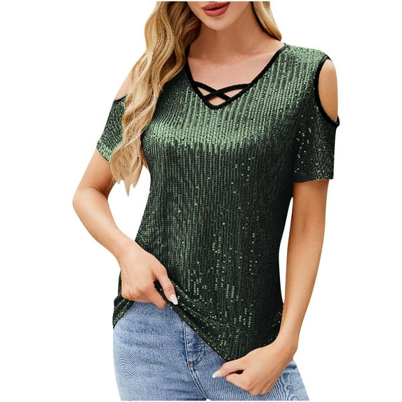 Sequin Tops for Women Summer Cold Shoulder Short Sleeve Blouses Cross V Neck Color Block Dressy Casual Shirts (M, Green)