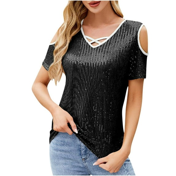 Sequin Tops for Women Summer Cold Shoulder Short Sleeve Blouses Cross V Neck Color Block Dressy Casual Shirts (XL, Black)