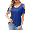 thumbnail image 1 of Sequin Tops for Women Summer Cold Shoulder Short Sleeve Blouses Cross V Neck Color Block Dressy Casual Shirts (XL, Blue), 1 of 7