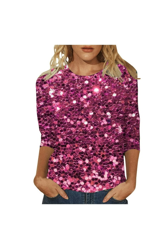 Sequin Tops for Women Trendy Causal 3/4 Sleeve Crewneck Sparkly Sequin Shirts Casual Dressy Glitter Blouses Loose Pullover Hot Pink XL