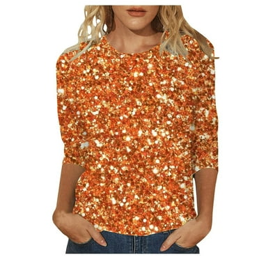 Sequin Tops for Women Trendy Causal 3/4 Sleeve Crewneck Sparkly Sequin Shirts Casual Dressy Glitter Blouses Loose Pullover Orange L