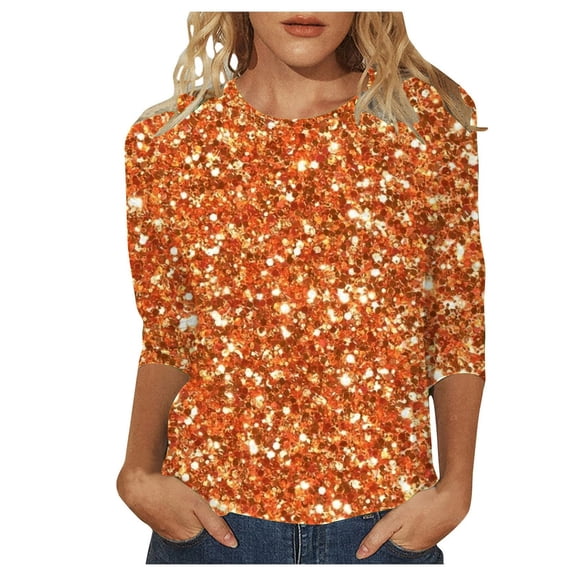 Sequin Tops for Women Trendy Causal 3/4 Sleeve Crewneck Sparkly Sequin Shirts Casual Dressy Glitter Blouses Loose Pullover Orange XXXL