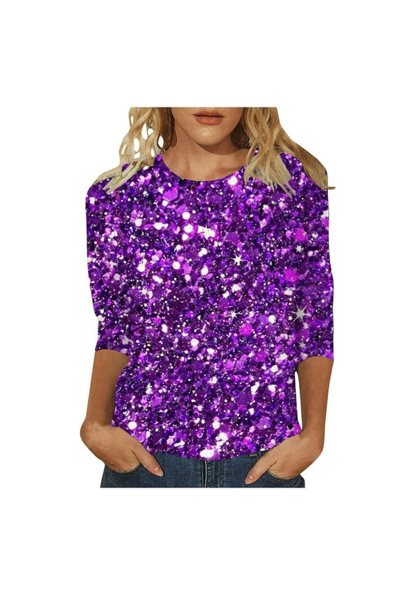 Sequin Tops for Women Trendy Causal 3/4 Sleeve Crewneck Sparkly Sequin Shirts Casual Dressy Glitter Blouses Loose Pullover XXL