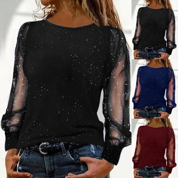 Sequin Tops for Women Women's Elegant Glitter Sheer Long Sleeve Round Neck Party Sequins Top Blue XXL