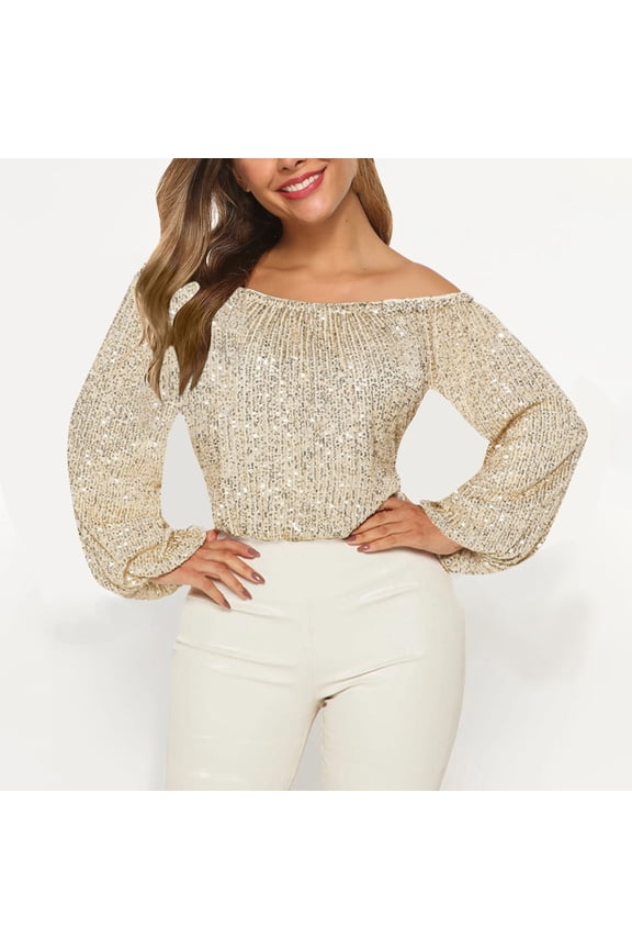 Sequin Tops for Young Adult Crop Top Off Shoulder Bell Sleeve Glitter Sparkling Evening Party Tunic Blouse