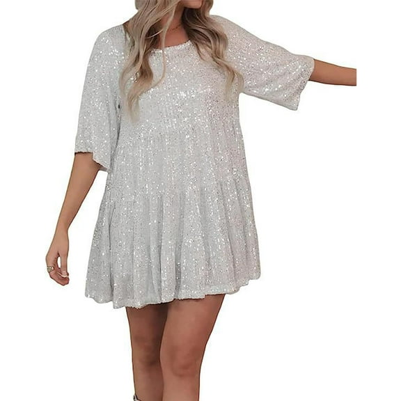 Sequin Tshirt Dress for Women Short Sleeve Glitter Sparkly Tunic Dress Concert Party Clubwear(C)