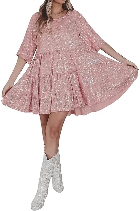 Sequin Tshirt Dress for Women Short Sleeve Glitter Sparkly Tunic Dress Concert Party Clubwear(C)