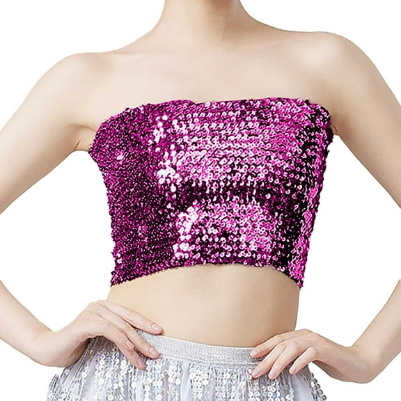 Sequin Tube Top, Yigetop Womens Sparkly Sequin Fashion Crop Tops Strapless Metallic Tube Tops for Party Clubwear Sparkly Tops for Women Going Out Hot Pink One Size