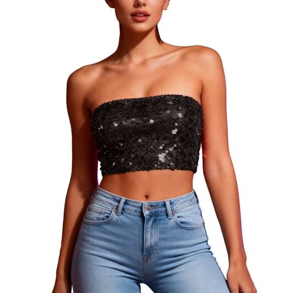 Sequin Tube Tops for Women Strapless Sparkly Glitter Bandeau Cropped Party Club Outfits Off Shoulder Blouses (Free Size, Black)