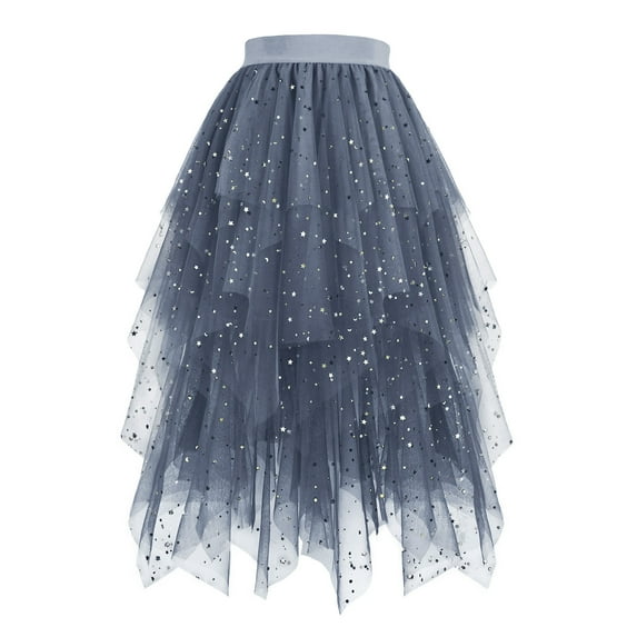 Sequin Tulle Skirts for Women High Waist Elastic Midi Skirt A-line Irregular Layered Mesh Tutu Skirts
