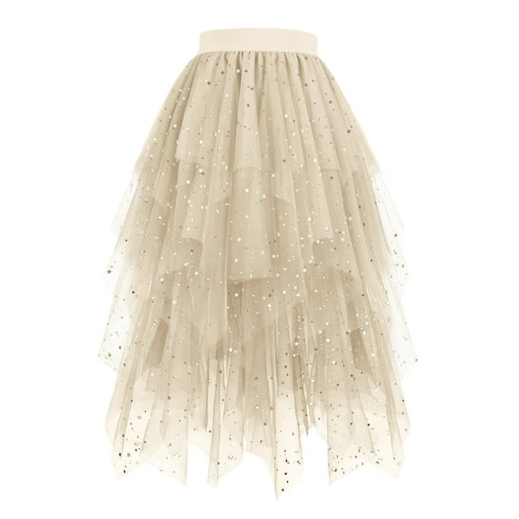 Sequin Tulle Skirts for Women High Waist Elastic Midi Skirt A-line Irregular Layered Mesh Tutu Skirts