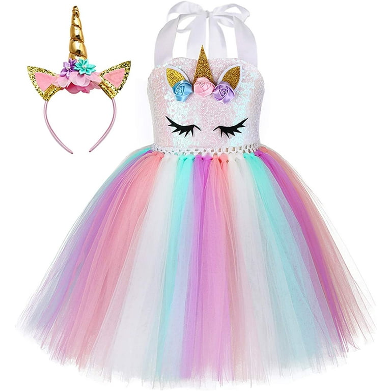 Sequin Unicorn Dress for Girls, 1-10Y with Headband Birthday Dance Party  Dresses