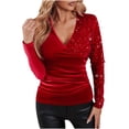 thumbnail image 1 of Sequin Velvet Holiday Tops for Women Glitter Sparkly Party Ruched Wrap Blouses Slim Fit Long Sleeve V-Neck Pullovers, 1 of 7