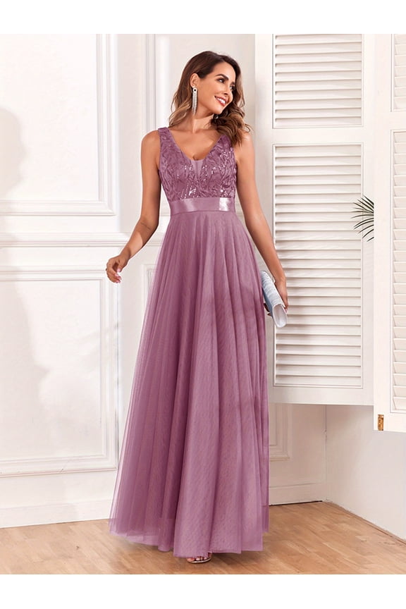 [Sequin Wedding Dress] Light Blue Sequin A-Line Maxi Dress - Elegant Sleeveless Double V-Neck Wedding Dress for Women - Stretch Waist, Embroidered Tulle Panels, Perfect for All Seasons