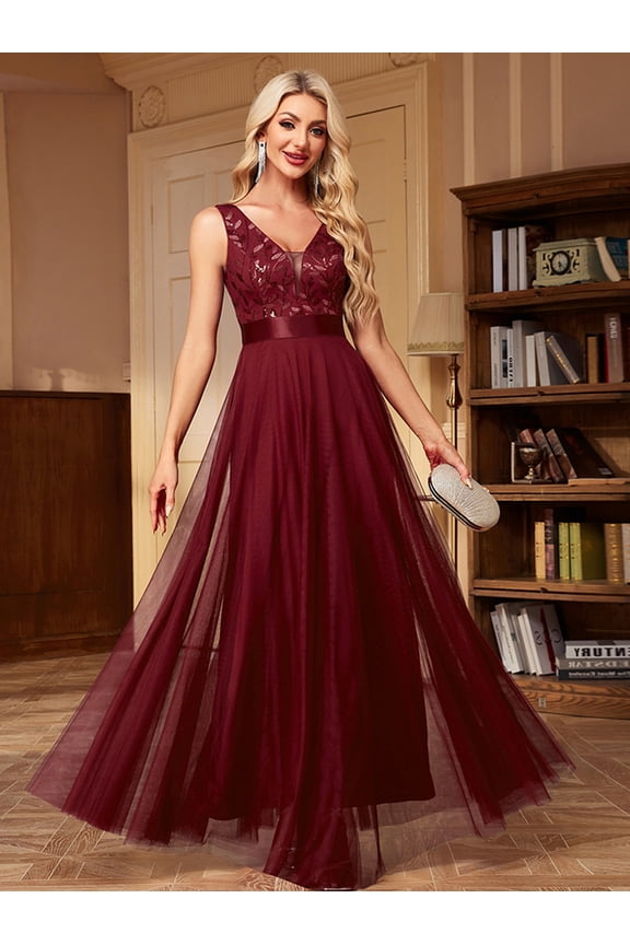 [Sequin Wedding Dress] Light Blue Sequin A-Line Maxi Dress - Elegant Sleeveless Double V-Neck Wedding Dress for Women - Stretch Waist, Embroidered Tulle Panels, Perfect for All Seasons