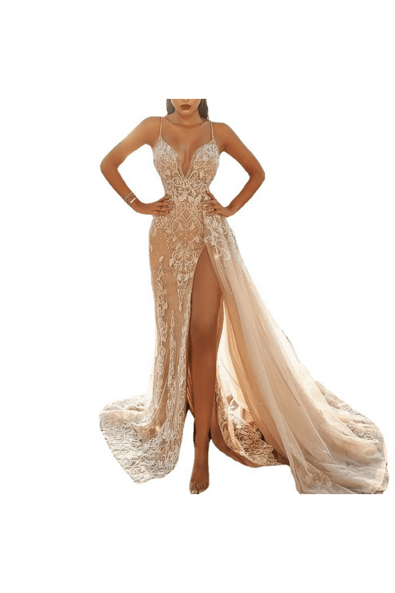 Sequin Wedding Dresses Long Ball Gown for Women Sparkly Tulle Prom Dress Slit Spaghetti Strap Formal Evening Dress-Gold