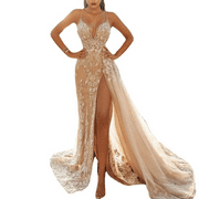 Sequin Wedding Dresses Long Ball Gown for Women Sparkly Tulle Prom Dress Slit Spaghetti Strap Formal Evening Dress-Gold