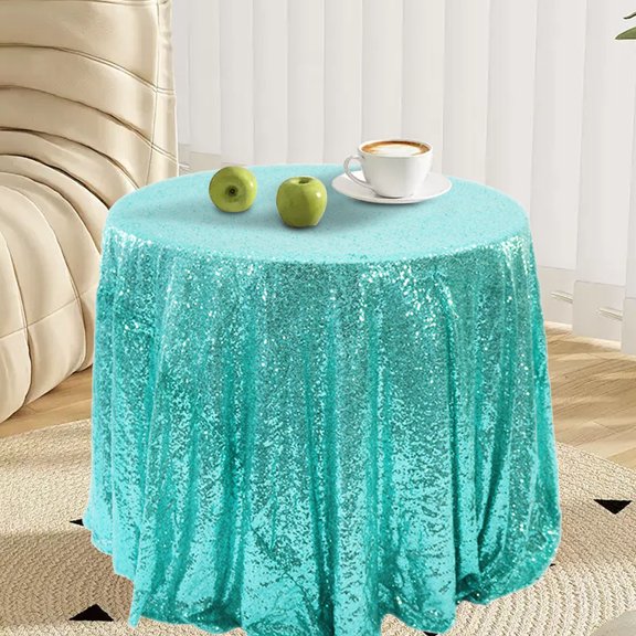 Sequin Wedding Tablecloth, Round Sparkly Table Cloths Glitter Table Cover, Aqua Round Table Linens Seamless Table Cloth, Shimmeres Table Cloth Sparkly Drape Table Cover, 47x47 Inches