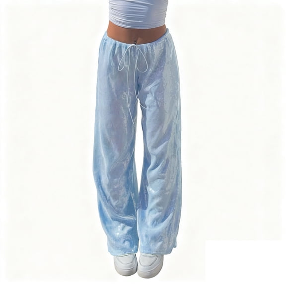 Sequin Wide Leg Pants for Women Sparkly Fashion Party Club Wear Drawstring High Waist Shiny Dance Trousers (M, Blue)