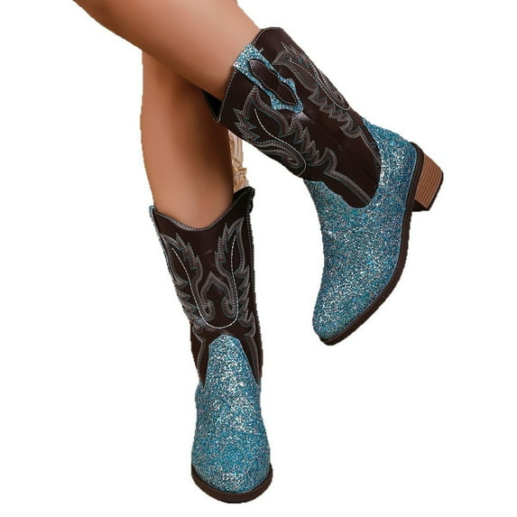 Sequin Wide Mid Calf Cowboy Boots for Women 2025 Sparkly Glitter Patchwork Color Block Western Cowgirl Boots Blue Size 6.5