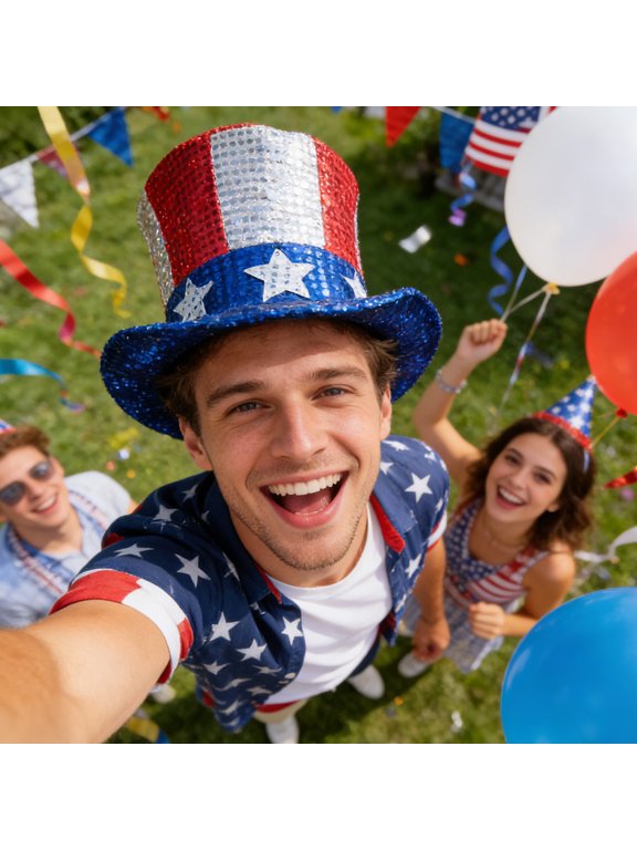 Sequined American Flag Uncle Sam Top Hat Shiny Patriotic Sequined Hat For Fourth Of July Parades Theme Parties And National Holiday Celebrations One Size Fits Most Adults