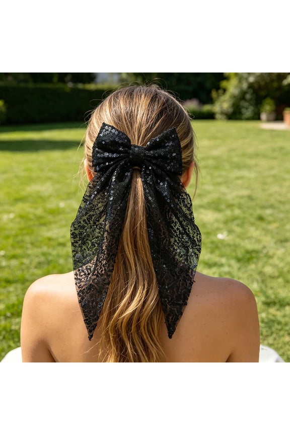 Sequined Bow Hair Clip for Back of Head Ribbon Spring Clip Style Hair Accessory for Women - Glittery Satin Finish Ponytail Decoration for Daily Casual Wedding Party Prom
