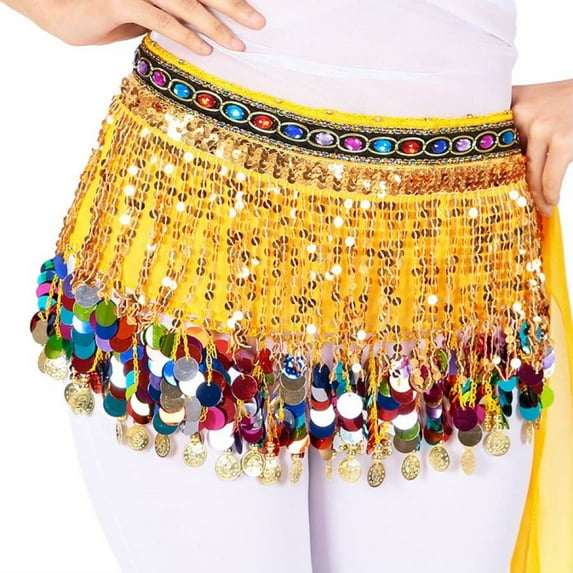 Sequined Chiffon Tassel Scarf Belly Dance Hip Scarf Waist Chain Skirt Hip Scarf Latin Skirt,yellow
