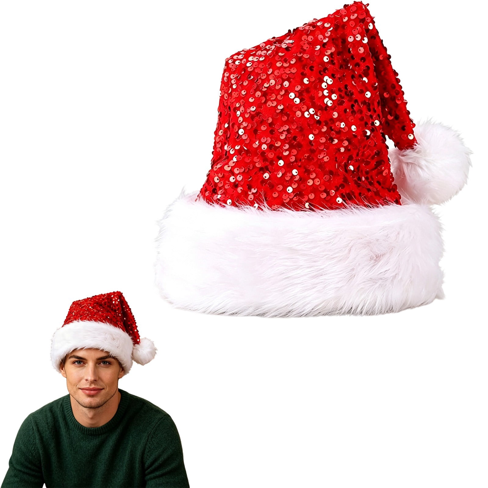 Red Props Sequined Christmas Hat Red for Adults 12.6 x 17.7 in, Soft Thick Plush ...