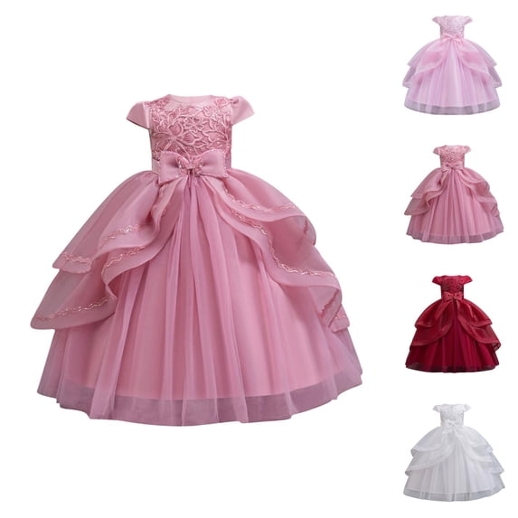 Sequined Embroidered Girls' Princess Wedding Dress, Puff Short Sleeve Crewneck Tulle Formal Party Dress with Bow & High Waist Swing Design