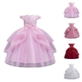 thumbnail image 1 of Sequined Embroidered Girls' Princess Wedding Dress, Puff Short Sleeve Crewneck Tulle Formal Party Dress with Bow & High Waist Swing Design, 1 of 6
