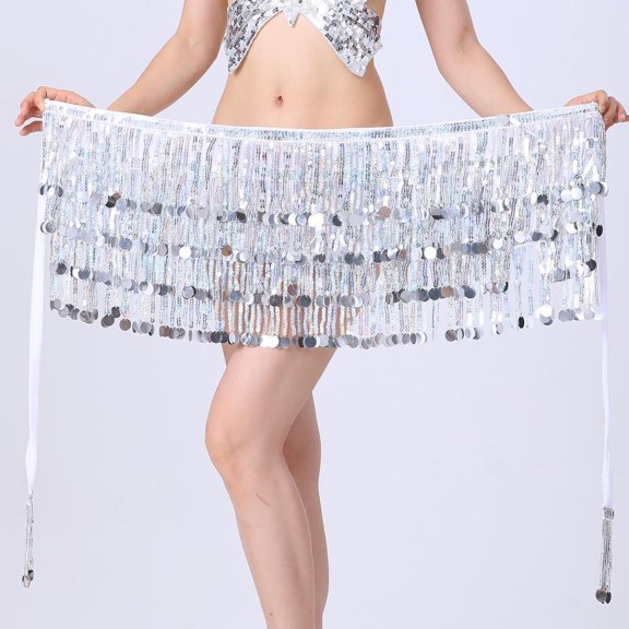 Sequined Fringed 4-Layers Drawstring Closure Belly Dance Waist Chain Skirt Hip Scarf Latin Skirt,silver