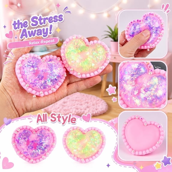 Sequined Heart Squishy Anxiety Relief Toy, Sparkle Filled Sensory Squeeze Fidget Toy, Portable Calming Hand Toy for Teens Adults School Travel Daily Relaxation