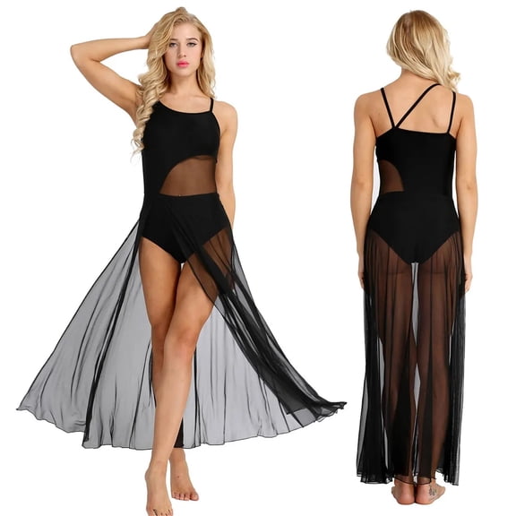 Sequined Mesh Maxi Lyrical Dance Dress High Split Halter Ballet Dance Leotard