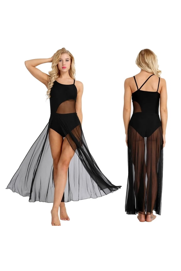 Sequined Mesh Maxi Lyrical Dance Dress High Split Halter Ballet Dance Leotard