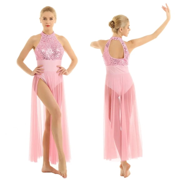 Sequined Mesh Maxi Lyrical Dance Dress High Split Halter Ballet Dance Leotard