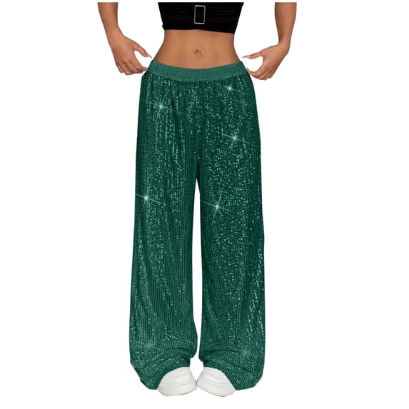 Sequined Pants for Wonmen Sparkly Glitter High-Waisted Wide Leg Trousers Party Outfits Olive Green M