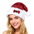 thumbnail image 1 of Sequined Santa Hat Glittery Christmas Hat with Bow Fluffy Pompom Unisex Fuzzy Xmas Hat for Christmas New Year Festive Parties, 1 of 7