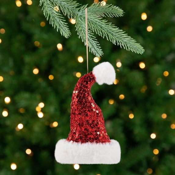 Northlight Sequined Santa Hat with Plush Trim Christmas Ornament - 8.5" - Red