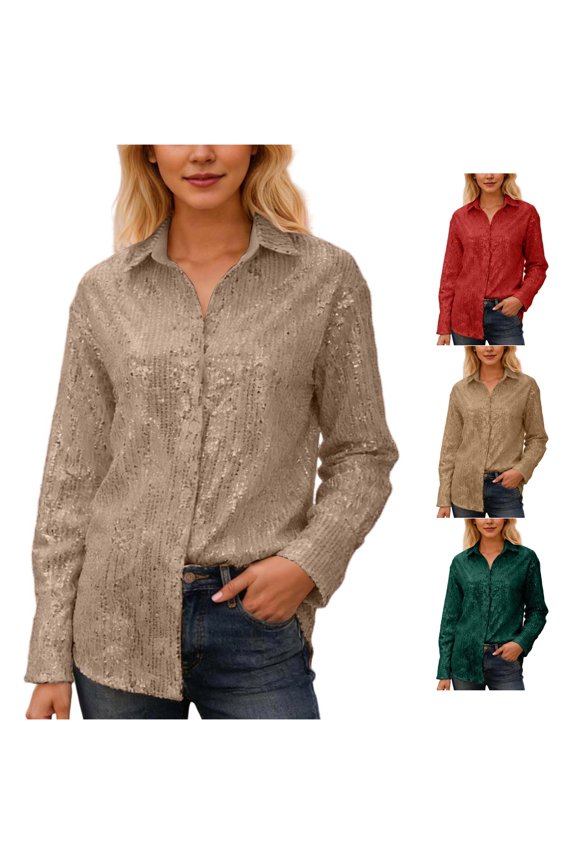 Sequined Top Lapel Long Sleeved Cardigan Basic Border Shirt Jacket Womens Sweatshirt Cardigan S