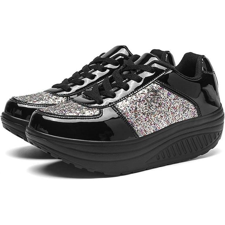 Sequined Wedge Platform Sneakers for Womens Comfort Shiny PU Lace