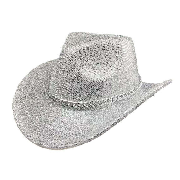 Sequined Western Cowboy Hat with Chain, Silver Rhinestone Glitter Cowgirl Hat for Women, Braided Headband for Disco Parties and