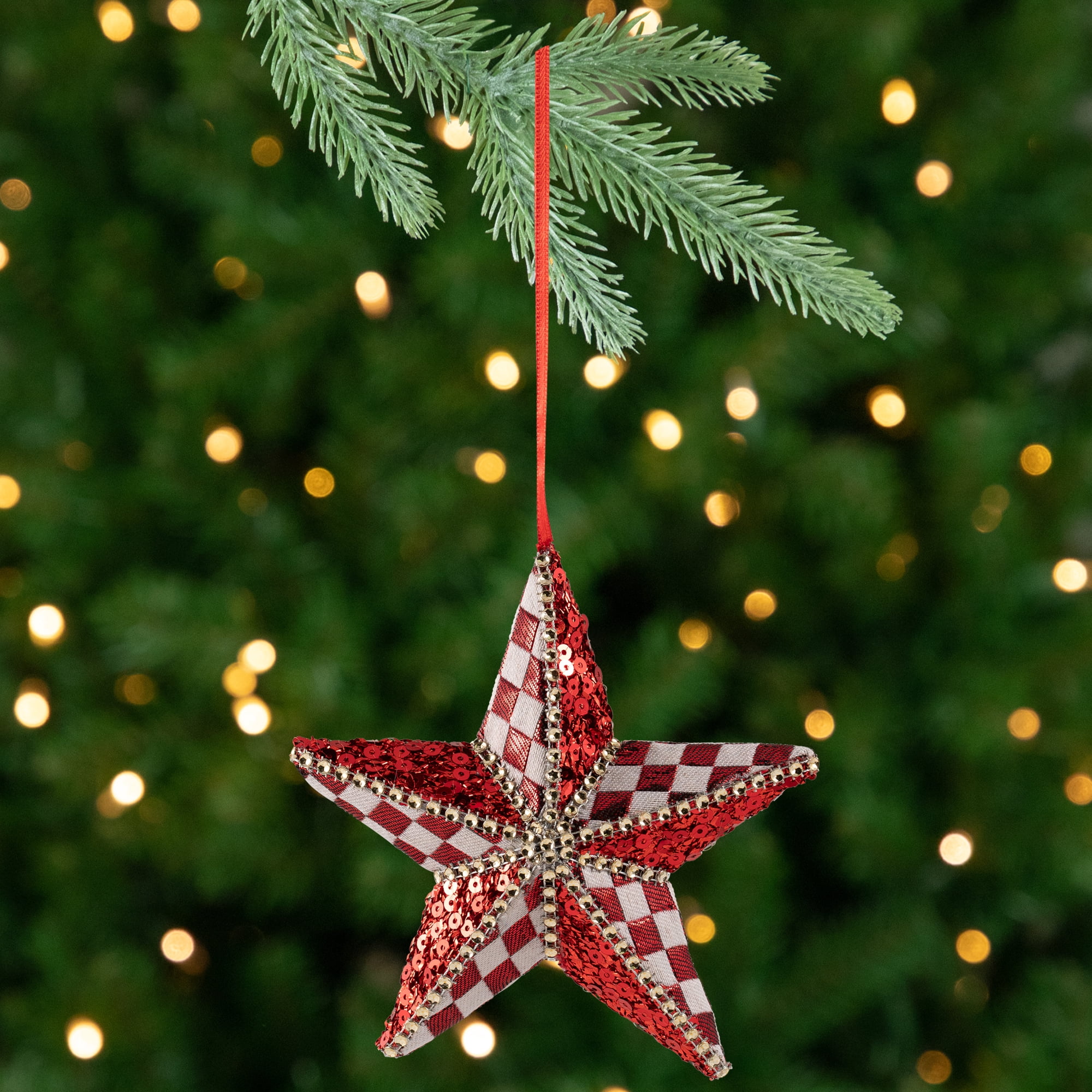Northlight Sequined and Checkered Star Christmas Ornament -  6" - Red and White