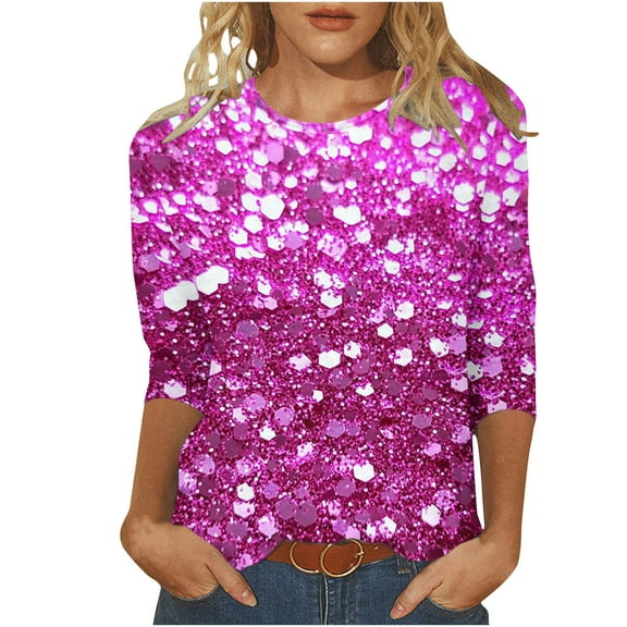 Sequins 3/4 Sleeve T Shirt for Women Plus Size Fashion Tops Dressy Casual Crewneck Tunic Tee Blouse