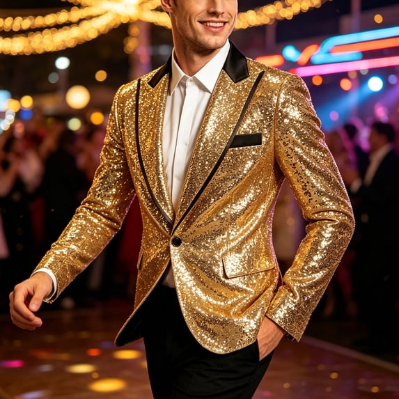 Sequins Blazer Jackets for Men One Button Lapel Long Sleeve Fashion Party Outerwear with Pockets Gold XL