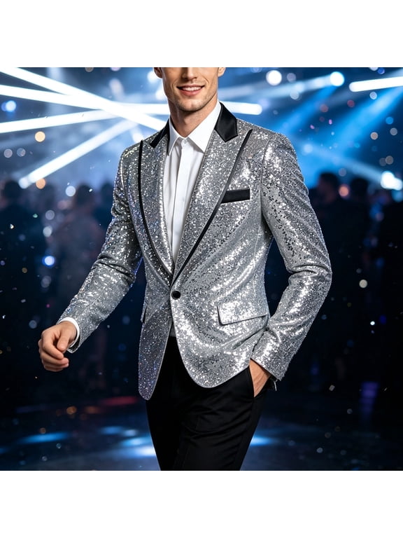Sequins Blazer Jackets for Men One Button Lapel Long Sleeve Fashion Party Outerwear with Pockets Silver S