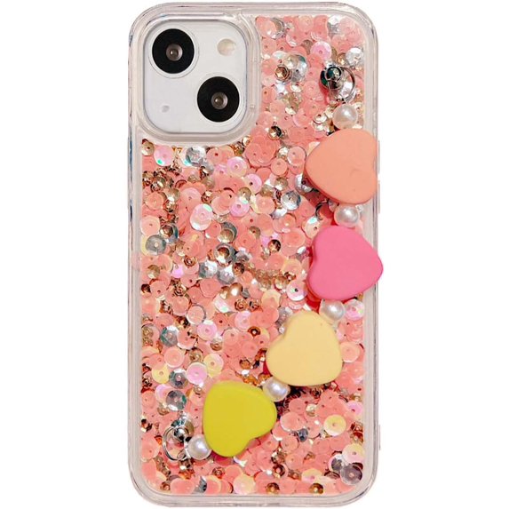 Sequins Bling Clear Phone Case Compatible with iPhone 13 (NOT Pro) with Love Heart Bracelet Pearl Chain Mermaid Glitter Shining Confetti Shockproof Soft Cover for iPhone 13,Pink with Hand Chain
